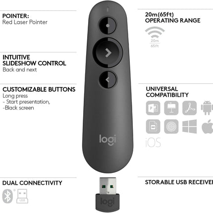 Logitech R500s Wireless + Bluetooth Presentation Remote with Laser Pointer