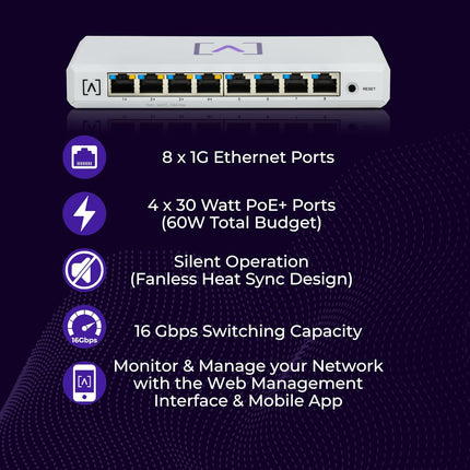 Alta Labs S8-POE 8-Port Managed Gigabit PoE+ Switch 60W Budget
