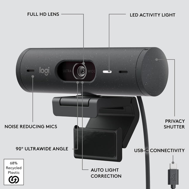 Logitech BRIO 500 Full HD 1080p Webcam with RightLight 4 HDR - Graphite