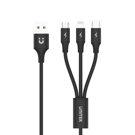 Unitek C14049BK 1.2m 3-in-1 USB-A to USB-C Micro USB Lightning Cable