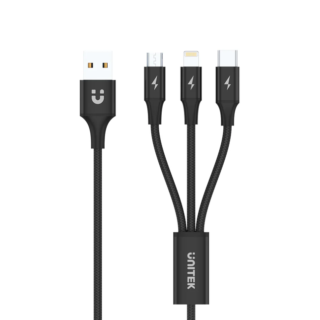 Unitek C14049BK 1.2m 3-in-1 USB-A to USB-C Micro USB Lightning Cable