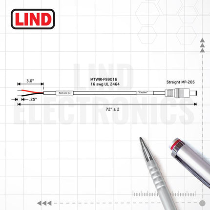 Lind CBLIP-F00058 Bare Wire to MP205 Power Input Cable 16 AWG 72"