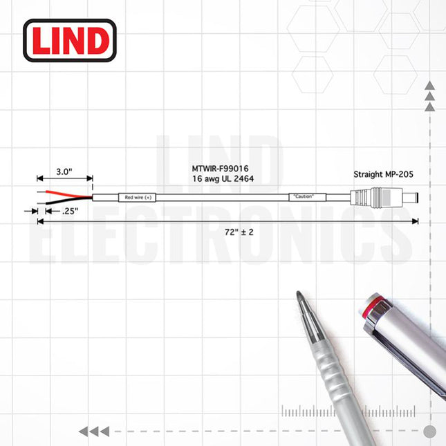 Lind CBLIP-F00058 Bare Wire to MP205 Power Input Cable 16 AWG 72"