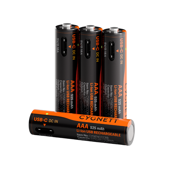 Cygnett AAA USB-C Rechargeable Li-ion Battery 4 Pack 525mAh 1000 Cycles