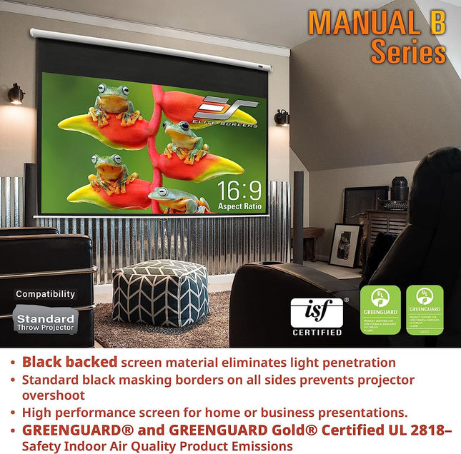 Elite Screens M100H 100" Manual Pull-Down Projector Screen – 16:9, MaxWhite, 4K/3D Ready, Wall or Ceiling