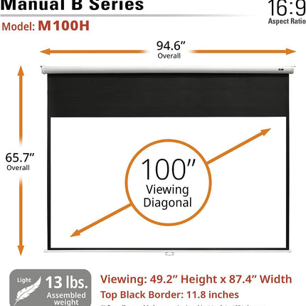 Elite Screens M100H 100" Manual Pull-Down Projector Screen – 16:9, MaxWhite, 4K/3D Ready, Wall or Ceiling