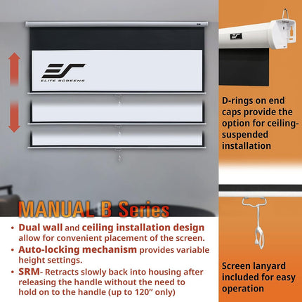 Elite Screens M100H 100" Manual Pull-Down Projector Screen – 16:9, MaxWhite, 4K/3D Ready, Wall or Ceiling