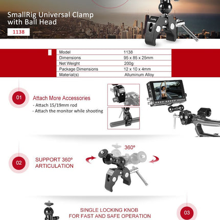 Heavy-Duty SmallRig Universal Clamp with Ball Head for Secure Mounting – 360° Articulation, Max 54mm Grip, All-Aluminum Build
